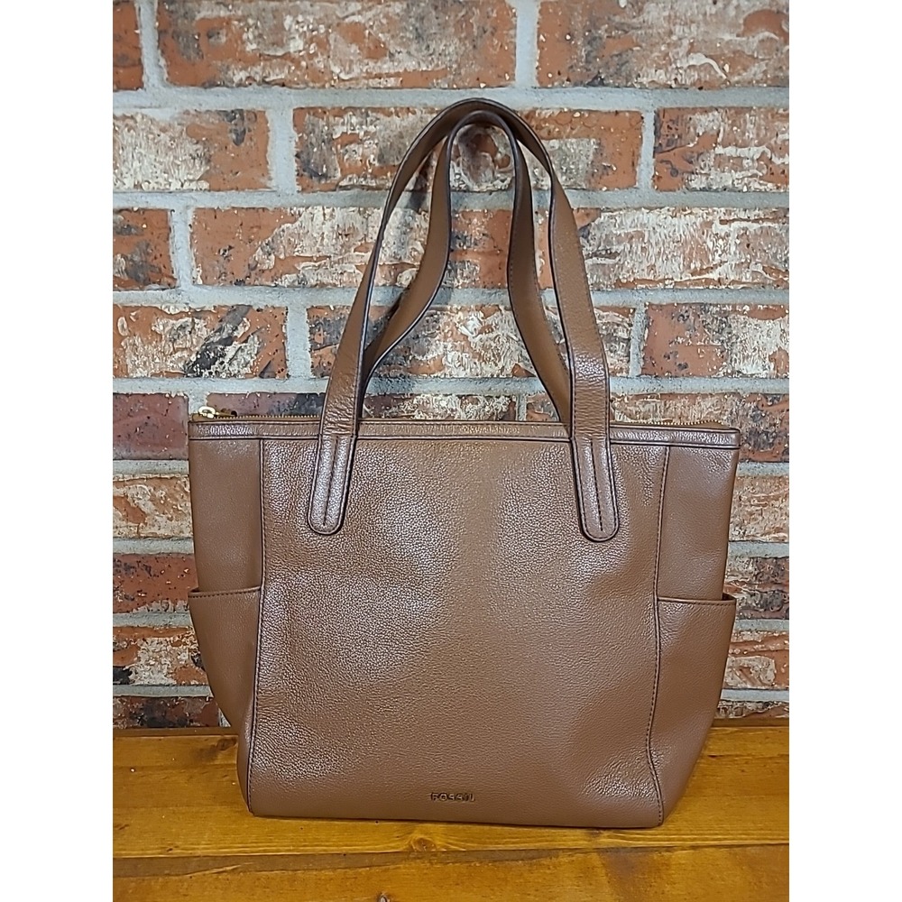 Fossil Mimi Leather Tote Shopper Bag Brown Zip Top Shoulder Pebble Pockets 16×11